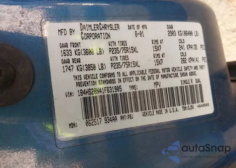 2001 Dodge Durango z USA, uszkodzony, nr VIN 1B4HS28N41F631905